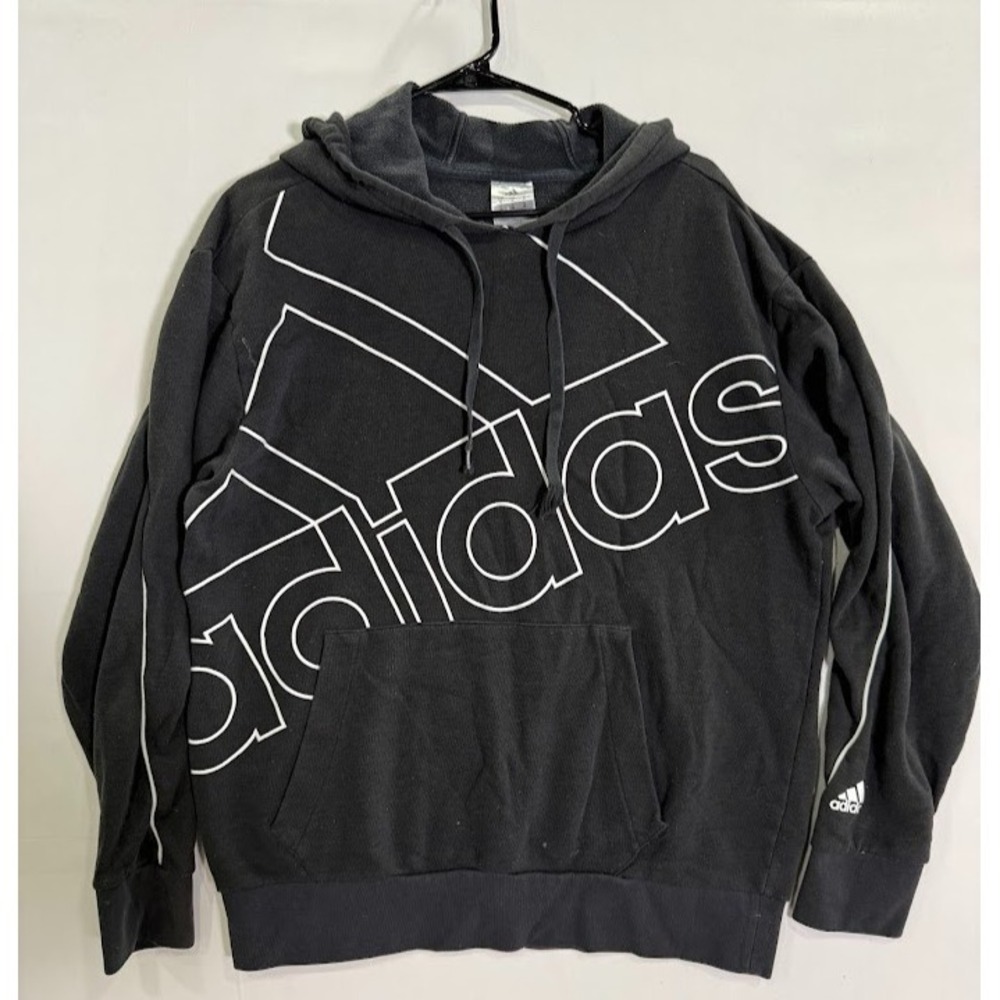 Adidas Women's Black Cotton Solid Big-Logo Relaxed Pullover Hoodie Size Medium